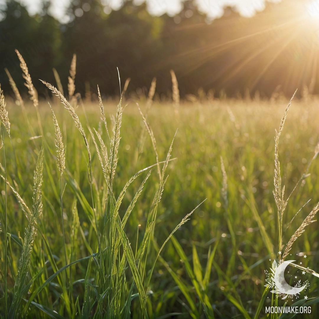 Close-up of grass in a romantic field against a bokeh sky with sun rays streaming through.