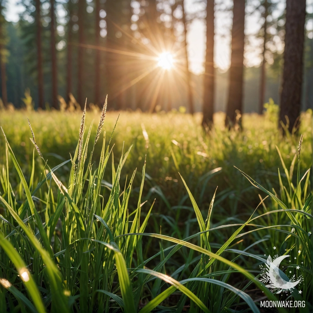 Romantic Field of Grass with Sunlight Close-up of grasses in a romantic field against a blurred forest background with sun rays and lens flares.