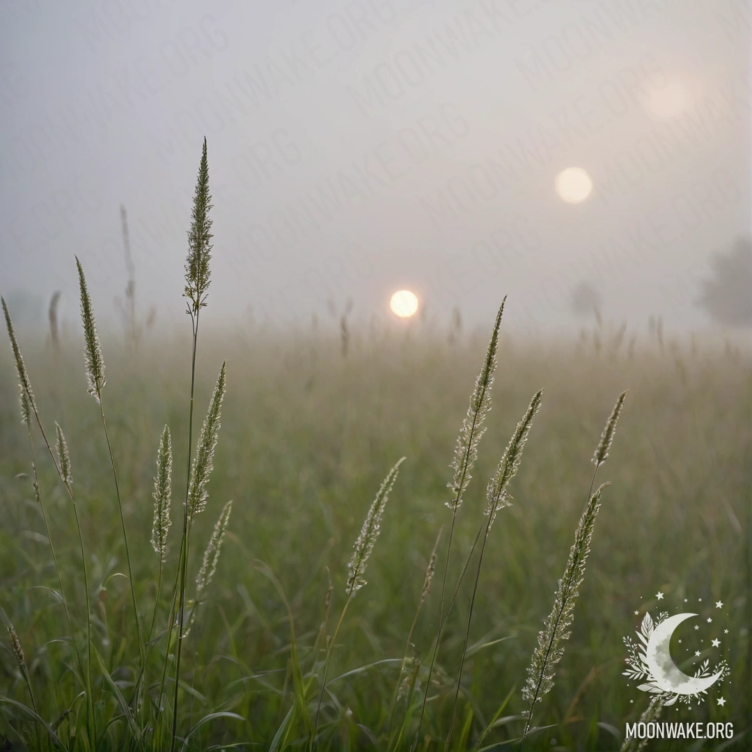 Close-up of grass in a romantic field against a misty bokeh sky.