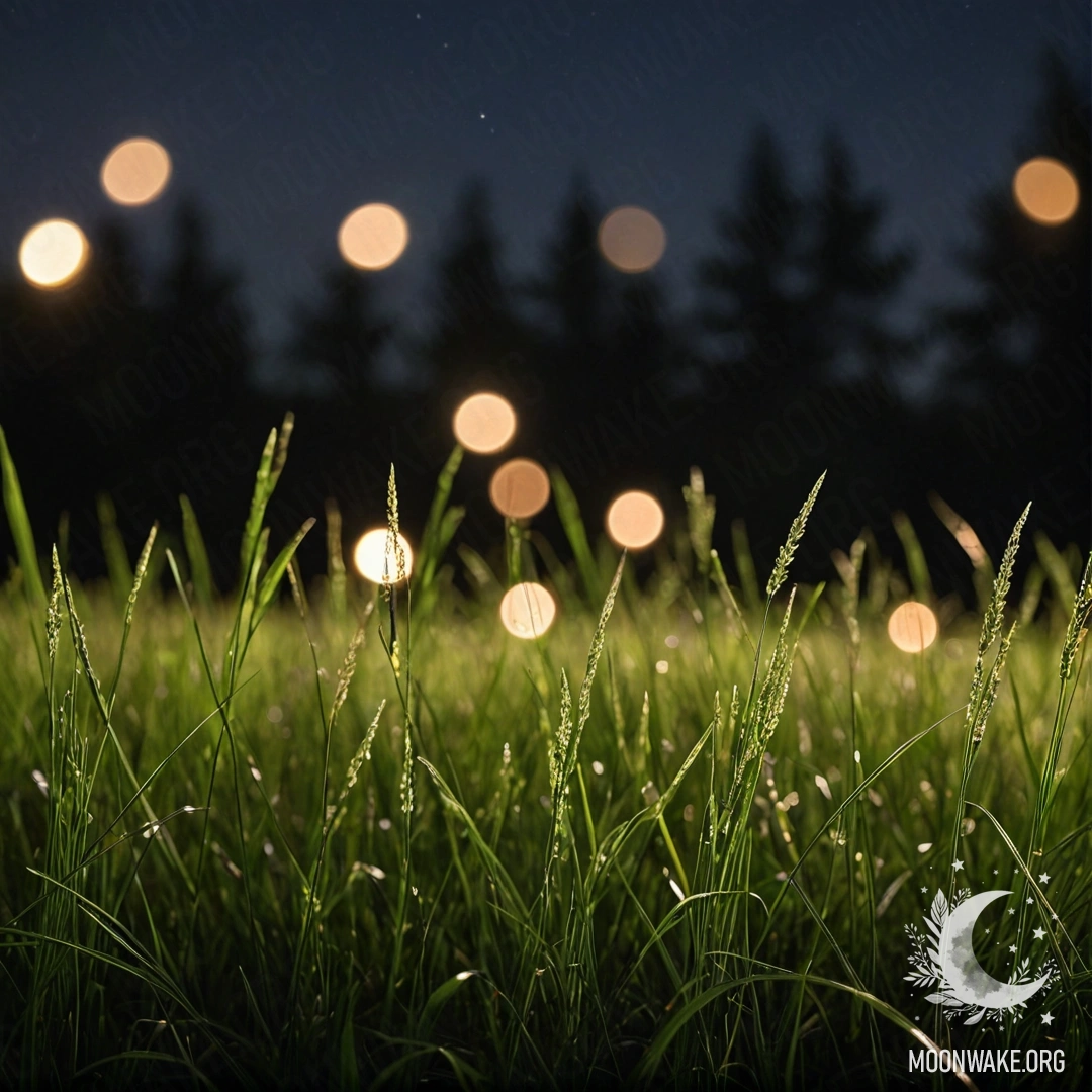 Close-up of grass in a romantic field with a bokeh forest background at night.