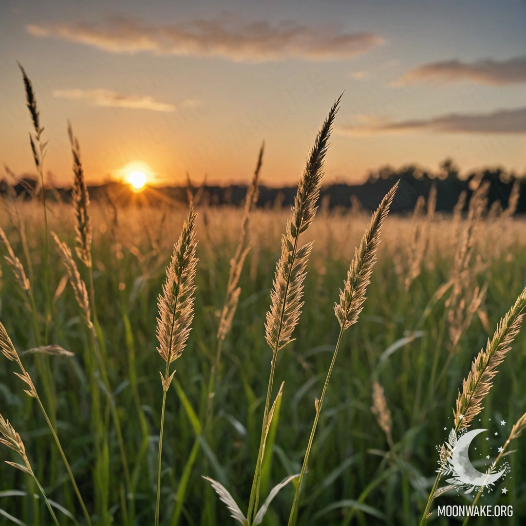 Close-up of grass in a romantic field against a bokeh sky at sunset.