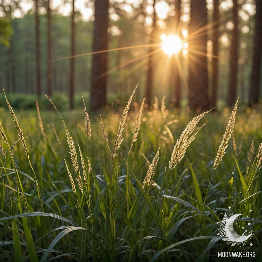 Romantic Sunset Field with Bokeh Forest Close-up of grass in a romantic field with a blurred forest in the background and sunlight streaming through the trees at sunset.