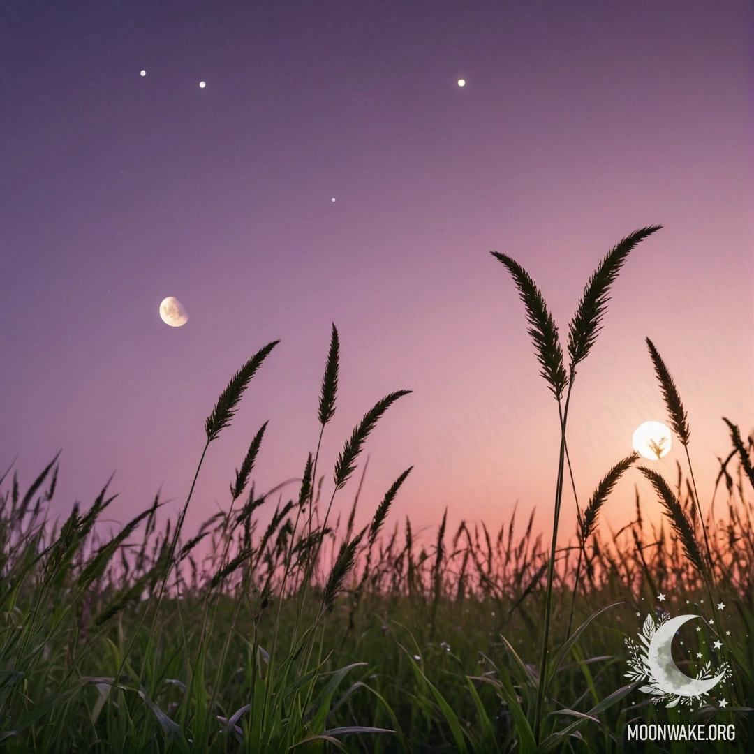 Close-up of grass in a romantic field under a pink violet sky with a moon.