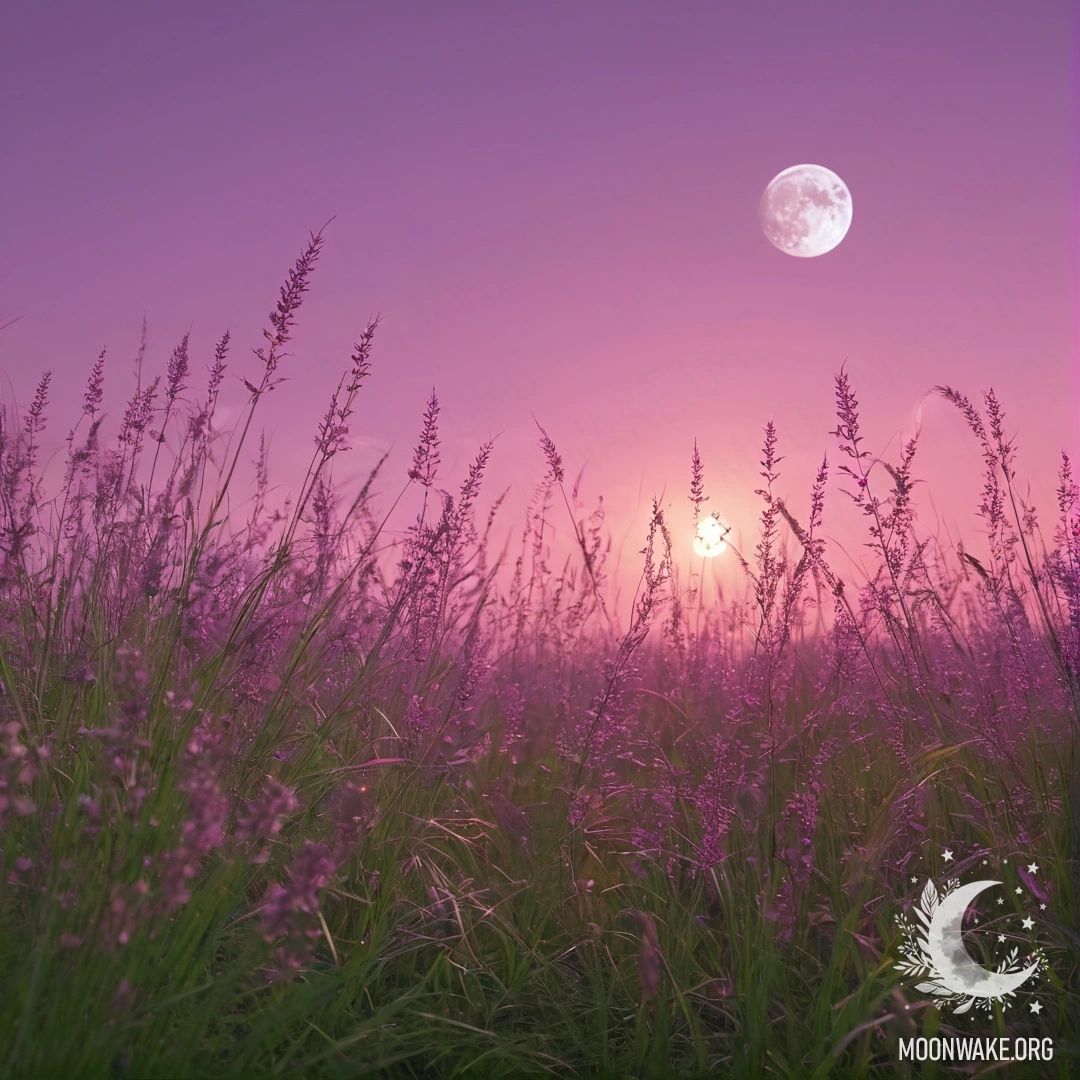 Romantic Field at Sunset Close-up of grass in a romantic field with a pink violet sky and the moon.