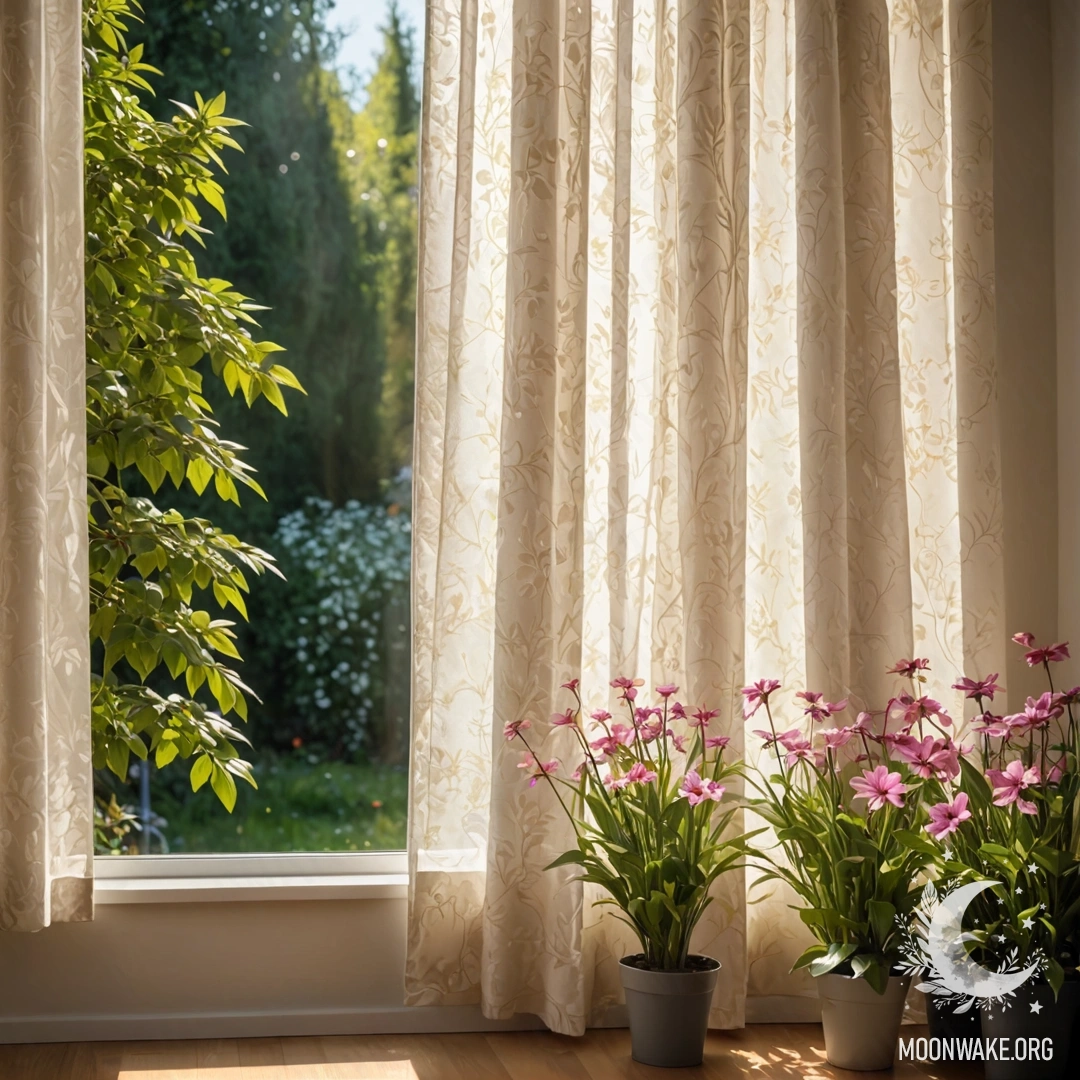 Close-up of a floral print curtain with a blooming garden visible through the window.