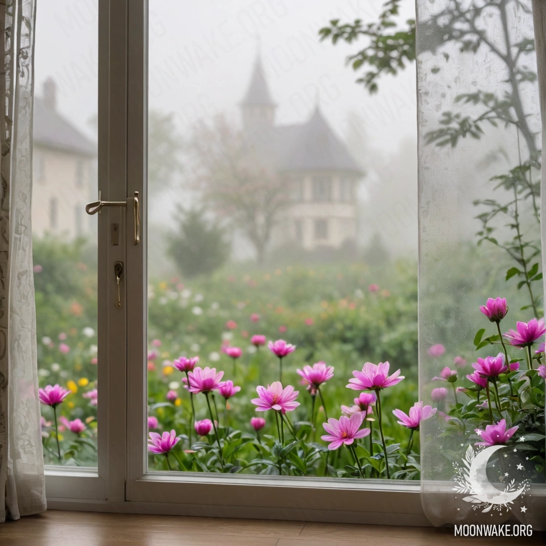 Close-up of a floral printed curtain with a window view of a blooming garden behind it.