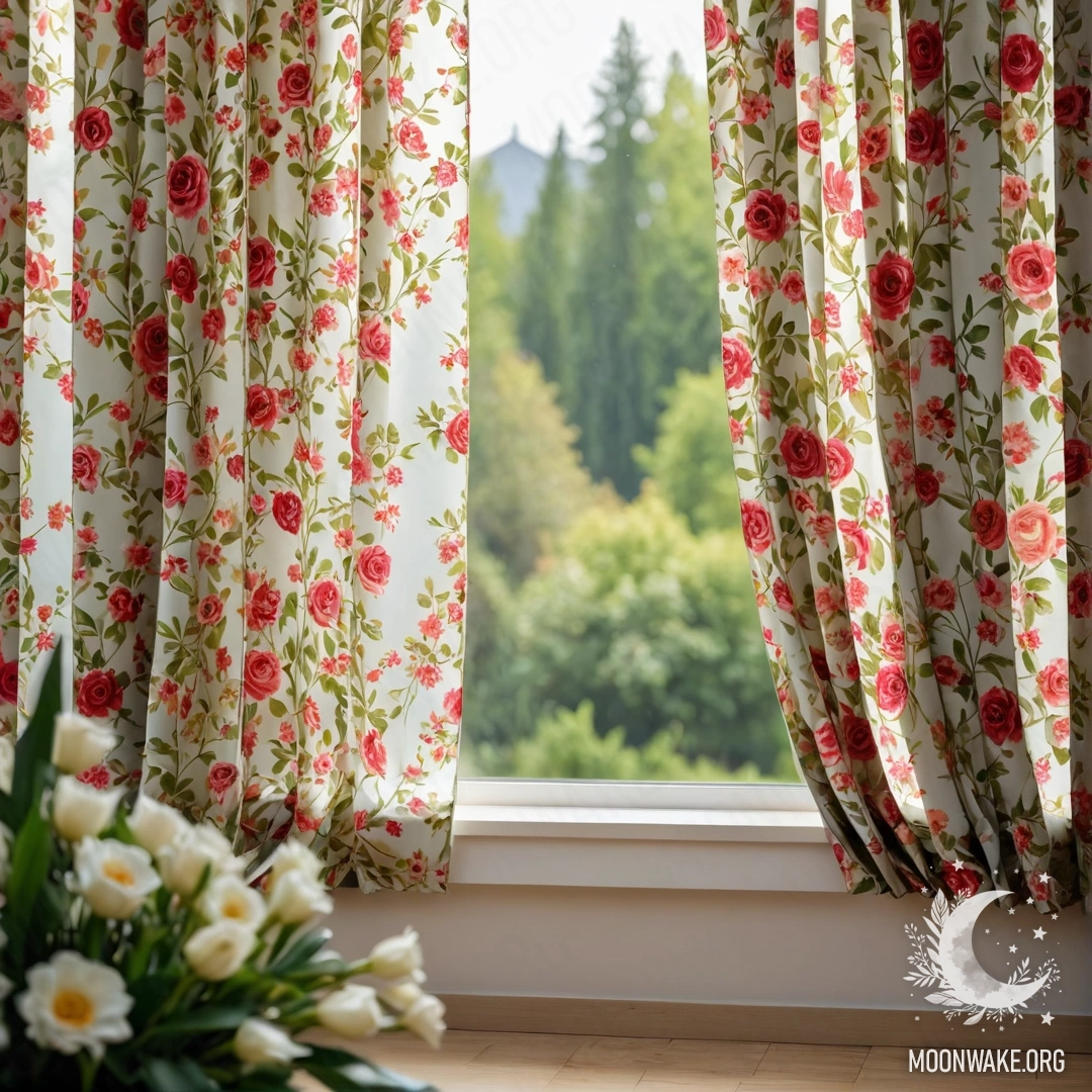 Close-up of a floral curtain with a blooming garden visible through the window behind it.