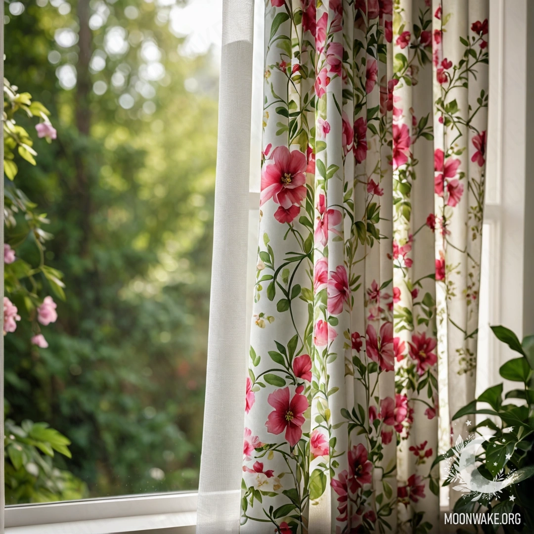 A close-up of a floral curtain with a window behind it, showing a blooming garden out of focus.