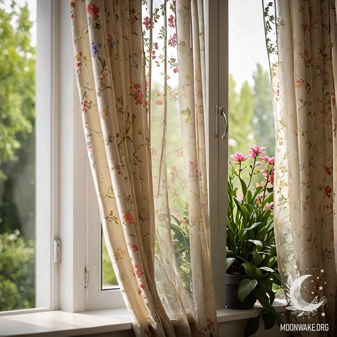 Close-up of a floral printed curtain with a blooming garden in the background.
