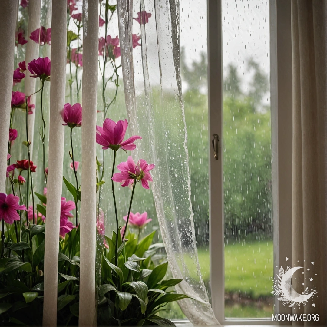 A close-up of a floral print curtain with a view of a blooming garden in the background.