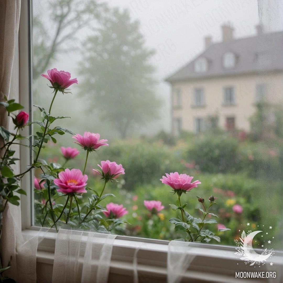 Close-up of a floral print curtain with a garden view behind it.