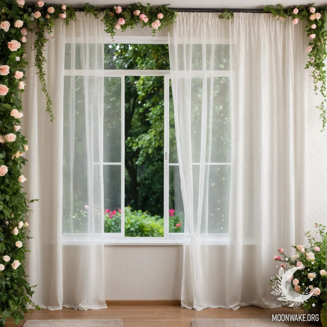 Close-up of a floral print curtain with a blooming garden outside.