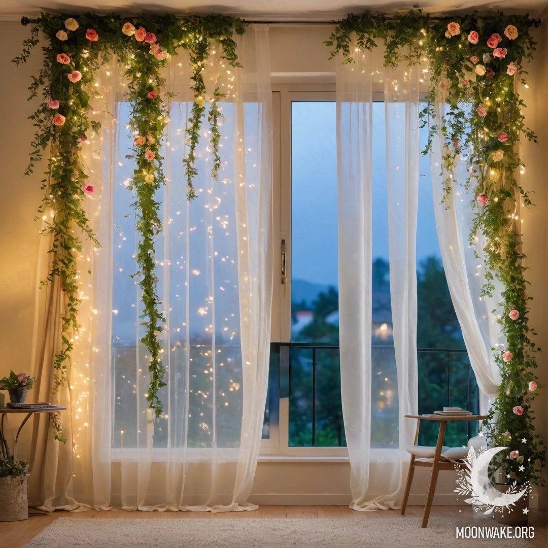 Romantic Floral Curtain with Garden View A close-up of a floral print curtain with a window behind it and a blooming garden viewed through the window.
