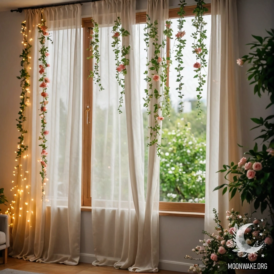 Romantic Floral Curtain with Garden View Close-up of a floral print curtain, with a view of a blooming garden behind it.
