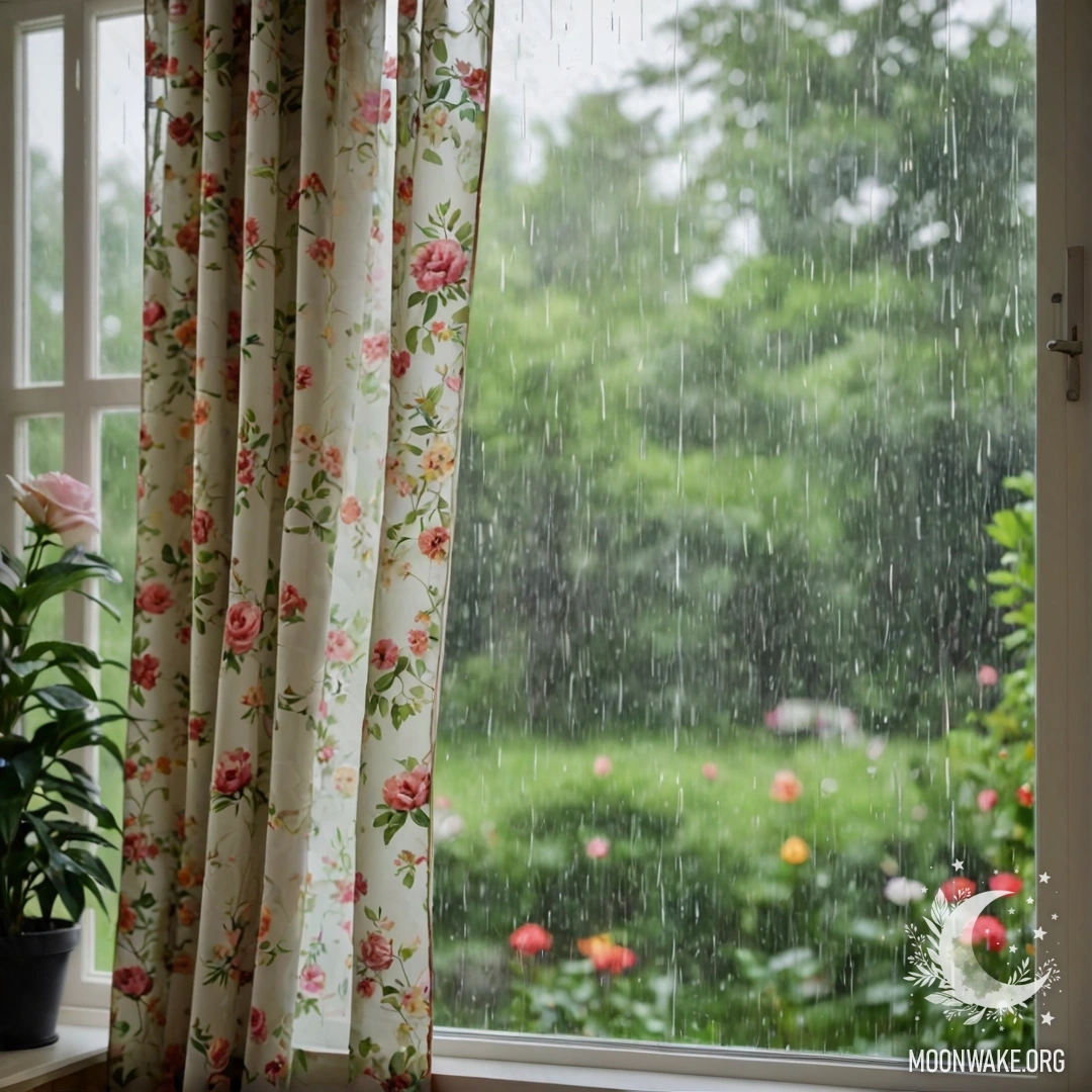 A close-up of a floral printed curtain with a window and a blooming garden in the background, softened by the rain.