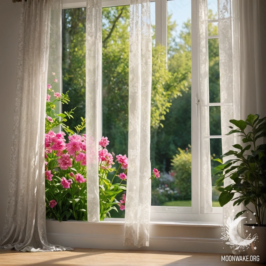 Romantic Floral Curtain with Garden View Close-up of a floral print curtain with a window and a blooming garden outside.