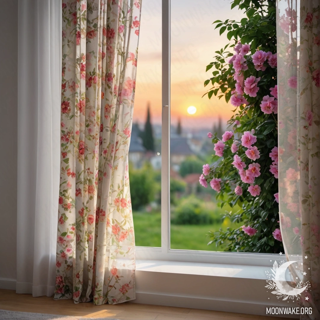 A close-up of a floral print curtain draped by a window overlooking a blooming garden at sunset.