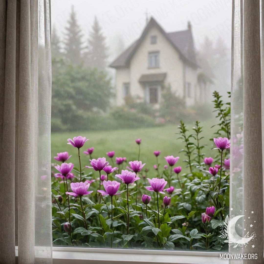 A close-up of a floral print curtain with a blooming garden visible through the window behind it, enveloped in mist.