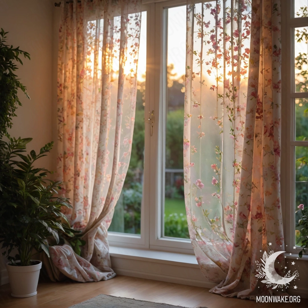 Close-up of a floral print curtain with a window and a blooming garden outside, blurred in the sunset light.