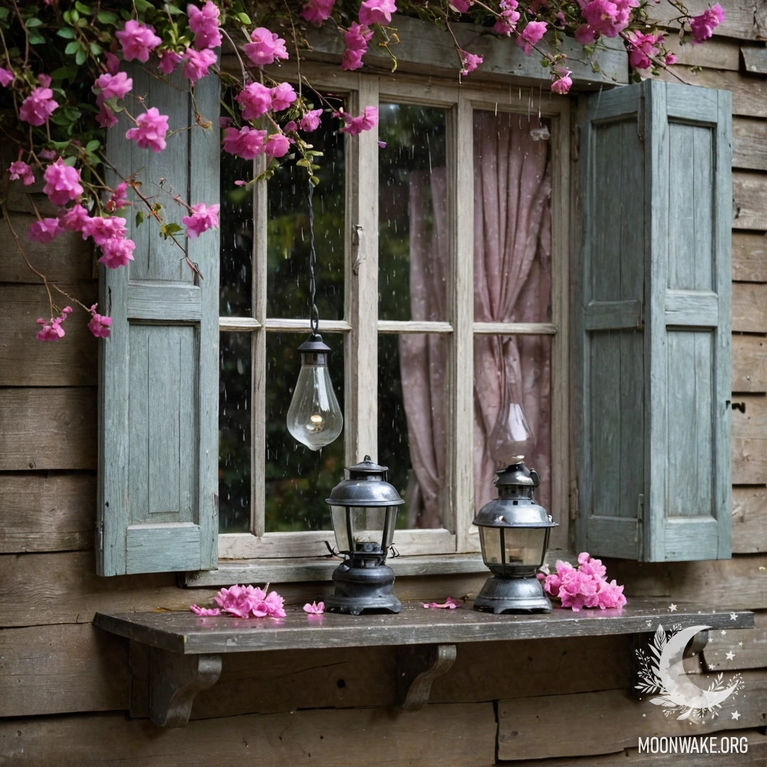 Romantic Floral Curtain with Garden View A close-up of a floral print curtain with a window behind it and a blooming garden visible outside, softly blurred with garland lights.
