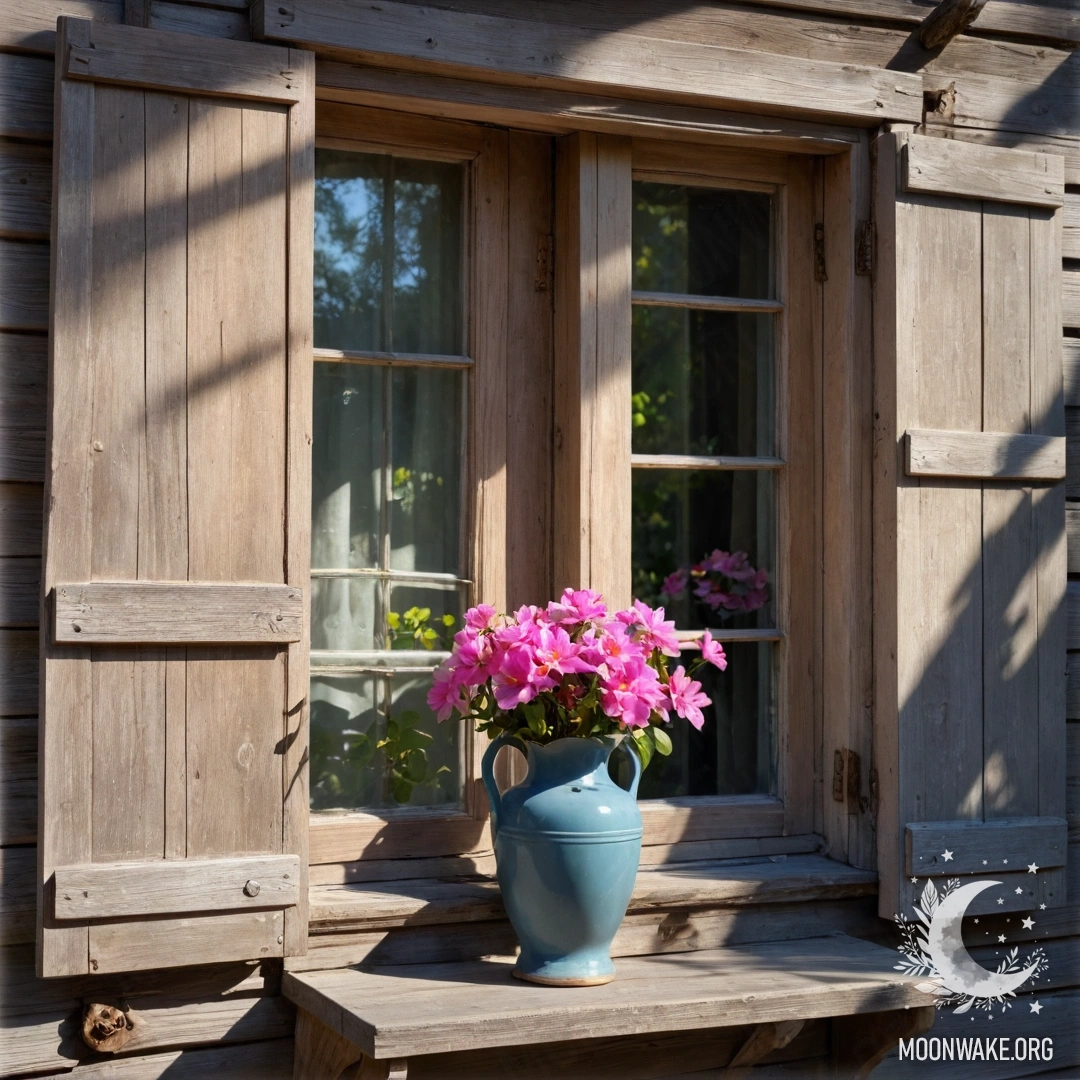 A close-up of a floral print curtain with a view of a blooming garden behind a window, blurred by bokeh in heavy fog.