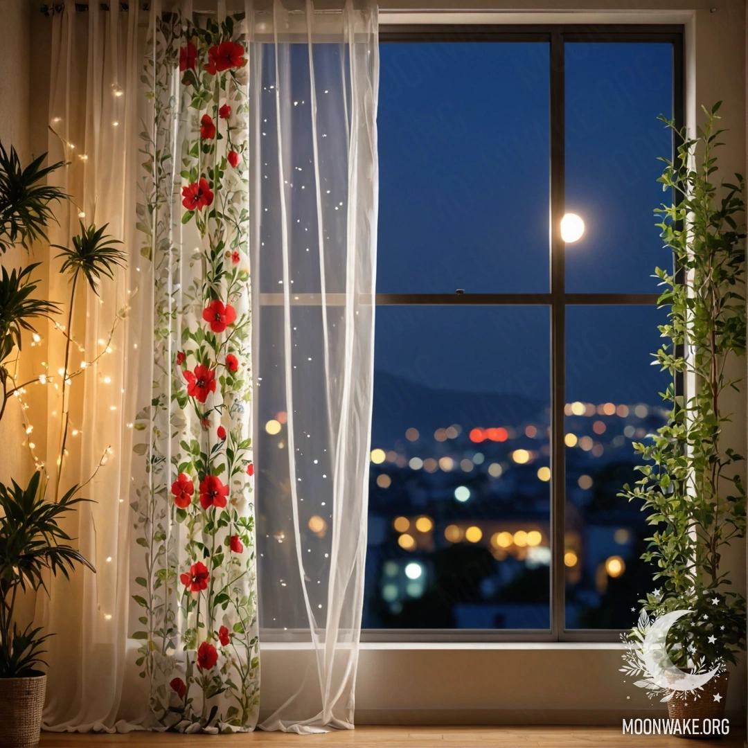 Close-up of a floral print curtain with a view of a blooming garden outside a window at night.