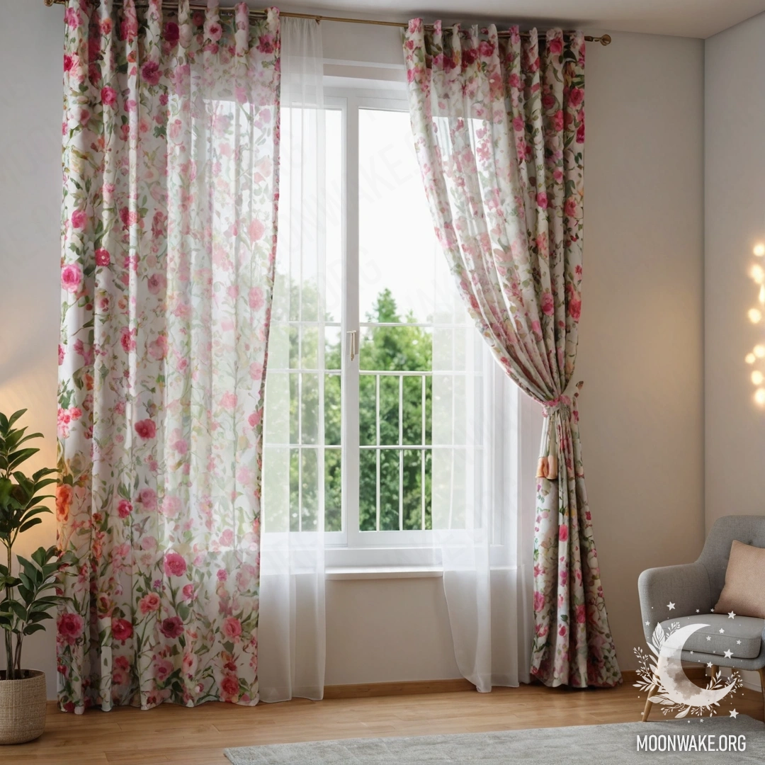 A close-up of a floral print curtain with a window behind it, revealing a blooming garden with bokeh lights.