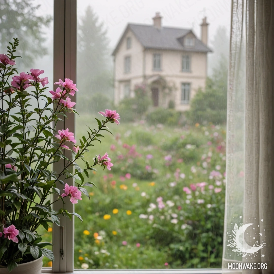 A close-up of a floral print curtain, with a blooming garden visible through a window behind it, enveloped in dense fog.