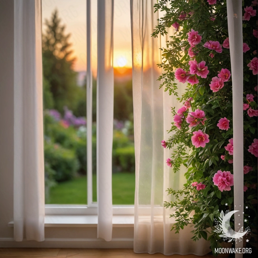 Romantic Floral Curtain with Garden View Close-up of a floral curtain with a window and a blooming garden outside, creating a bokeh effect at sunset.