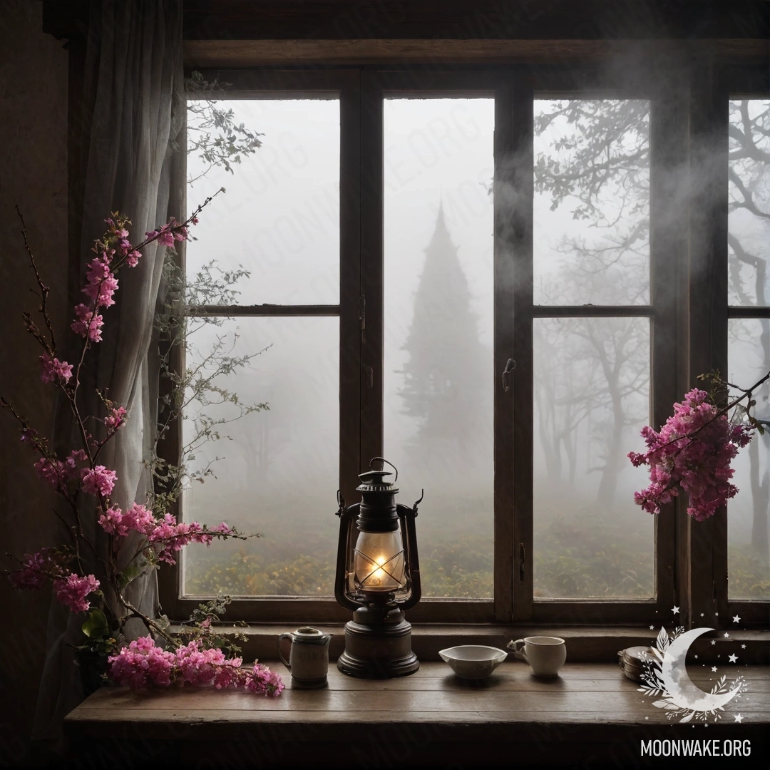 A rustic wooden table with a jar of flowers and a bokeh background.