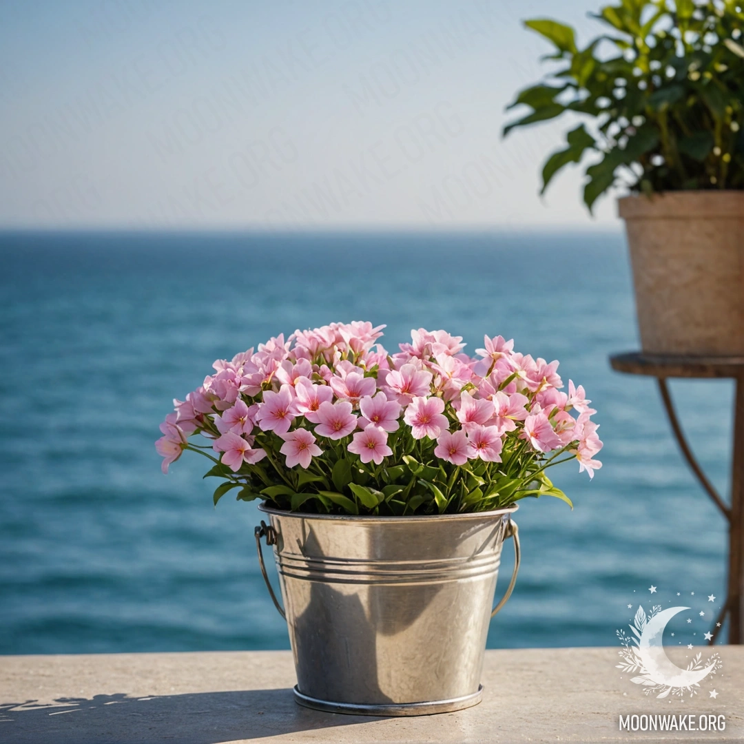 Romantic Flowers in a Metal Bucket A small metal bucket filled with romantic flowers set against a bokeh sea background.