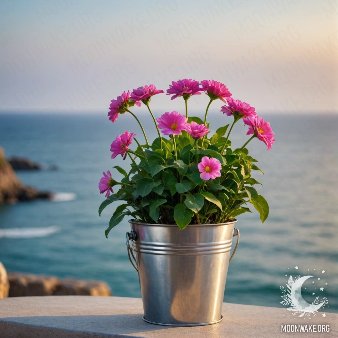 Romantic Flowers in a Bucket by the Sea A small metal flowerpot in the shape of a bucket with romantic flowers, set against a blurred sea background adorned with garland lights.