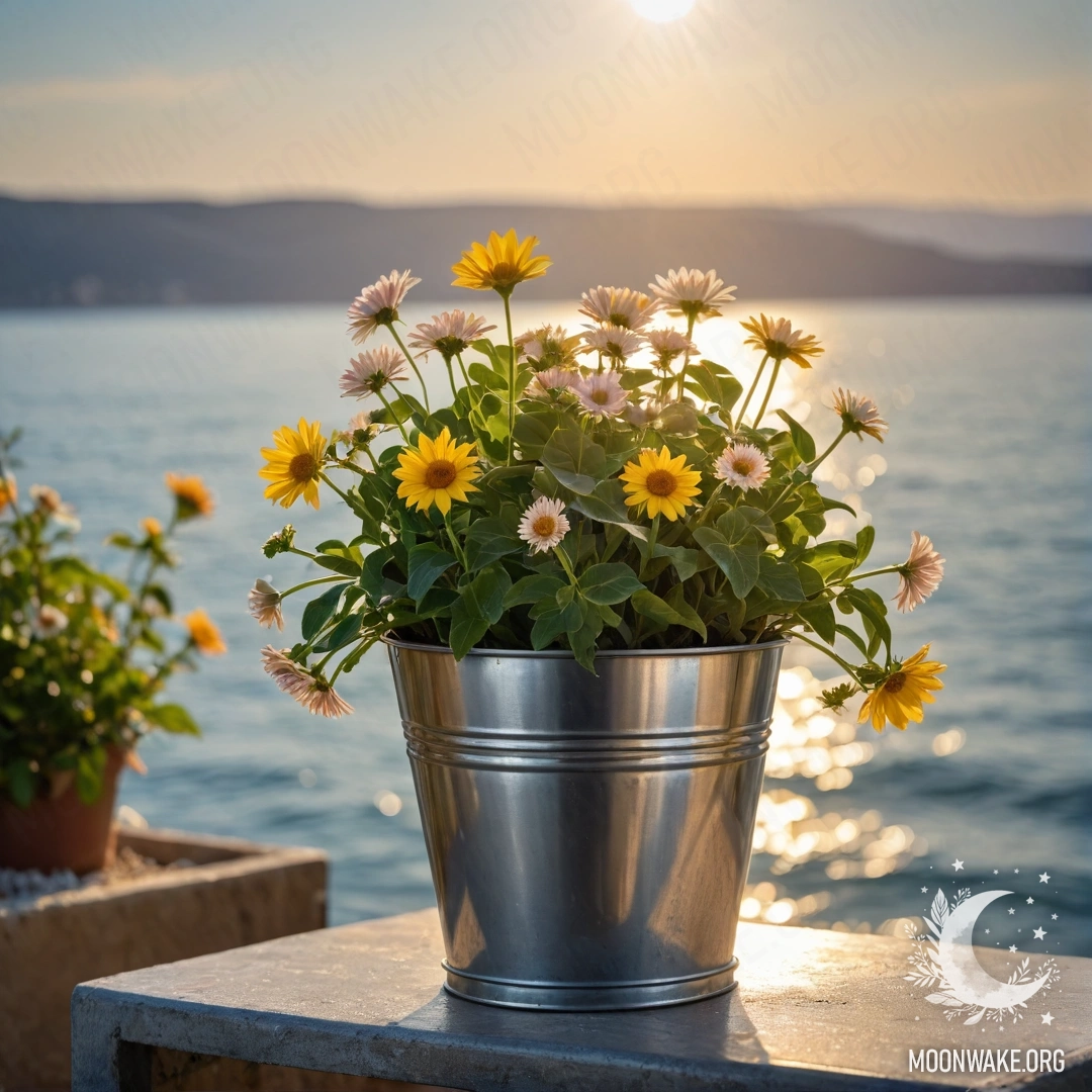 A small bucket-shaped metal flowerpot with romantic flowers in front of a dreamy sea background blurred by sunlight.