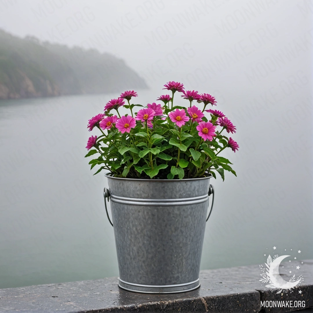 A small metal flowerpot in the shape of a bucket filled with flowers, set against a blurred sea background shrouded in thick fog.