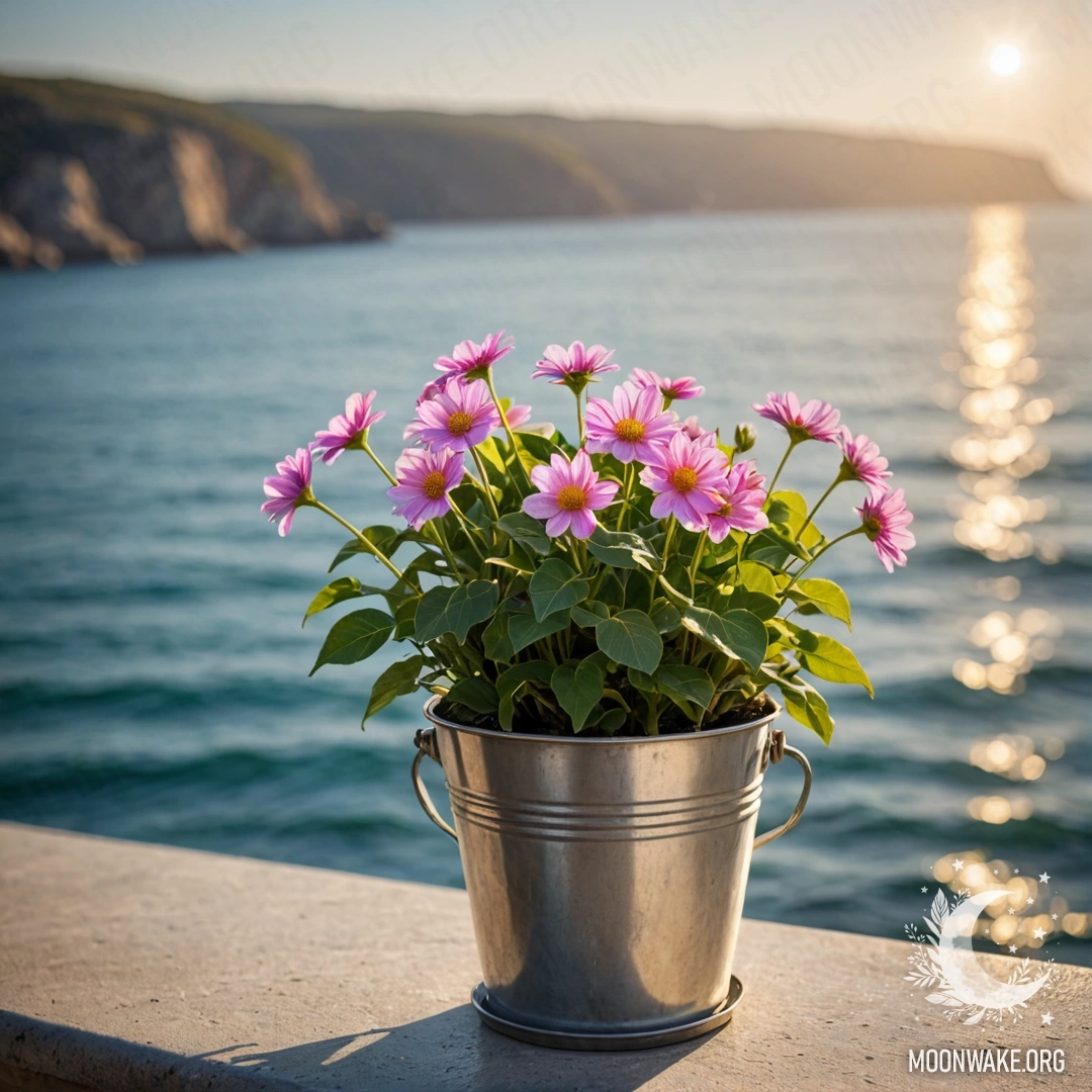 Romantic Flowers by the Sea A metal flowerpot in the shape of a small bucket filled with flowers, set against a blurred sea background with sun rays.