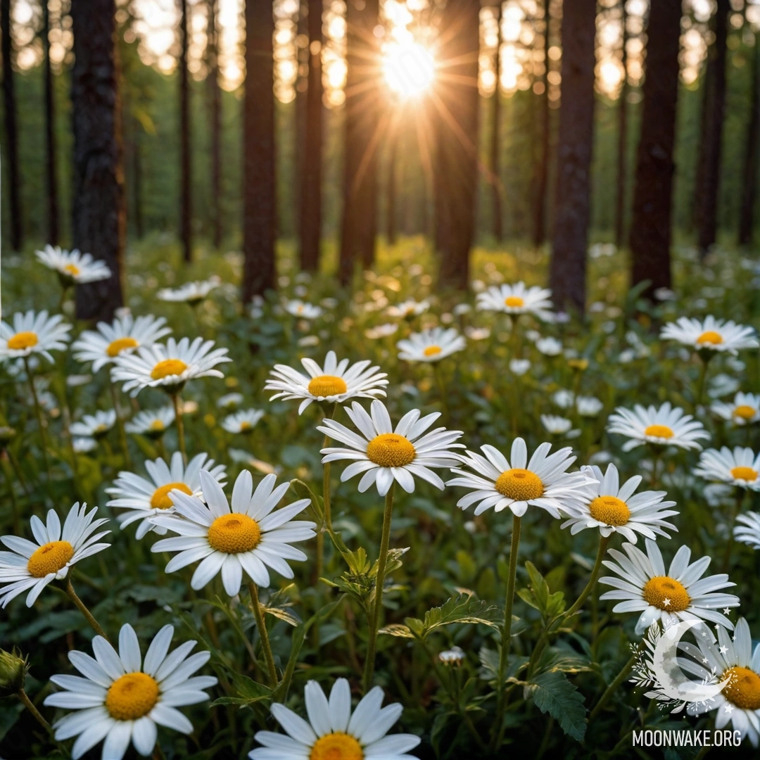 A close-up of daisies illuminated by the sunset in a forest.