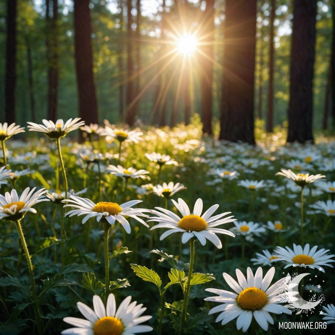 Romantic Forest Sunset with Daisies Close-up of daisies with the sun shining through trees during sunset.
