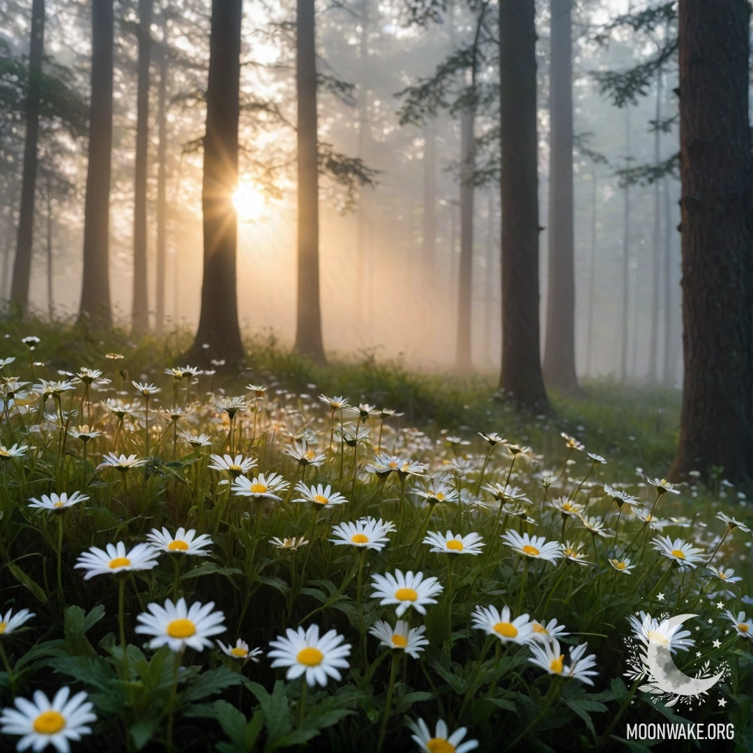 Romantic Forest Sunset with Daisies Close-up of daisies in a misty forest at sunset