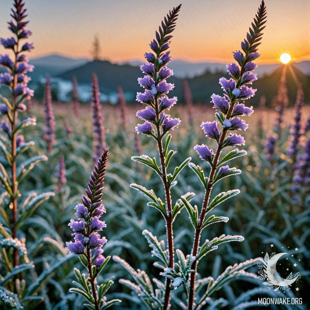A basket filled with blue forget-me-nots adorned with dew drops at sunset.
