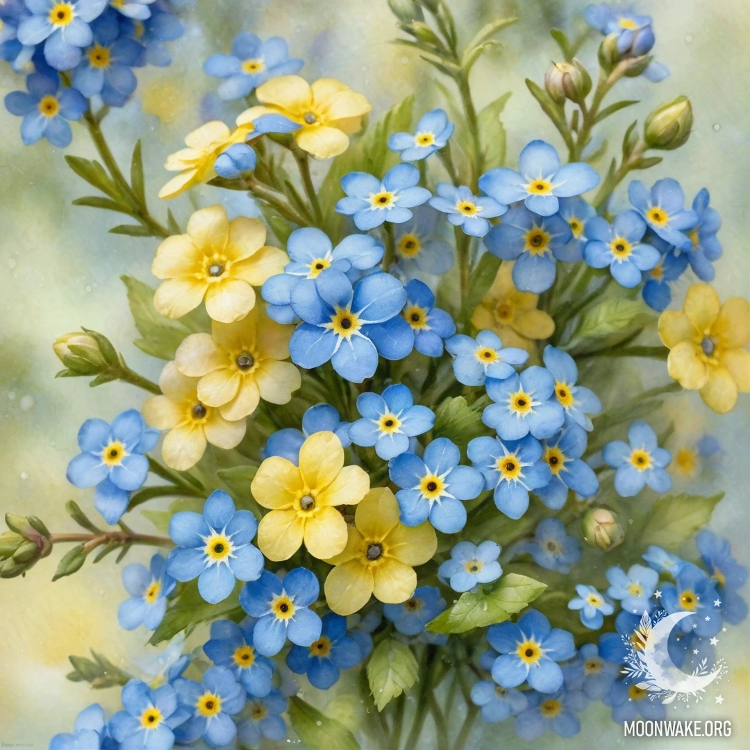 A bouquet of cream yellow forget-me-nots surrounded by mist.