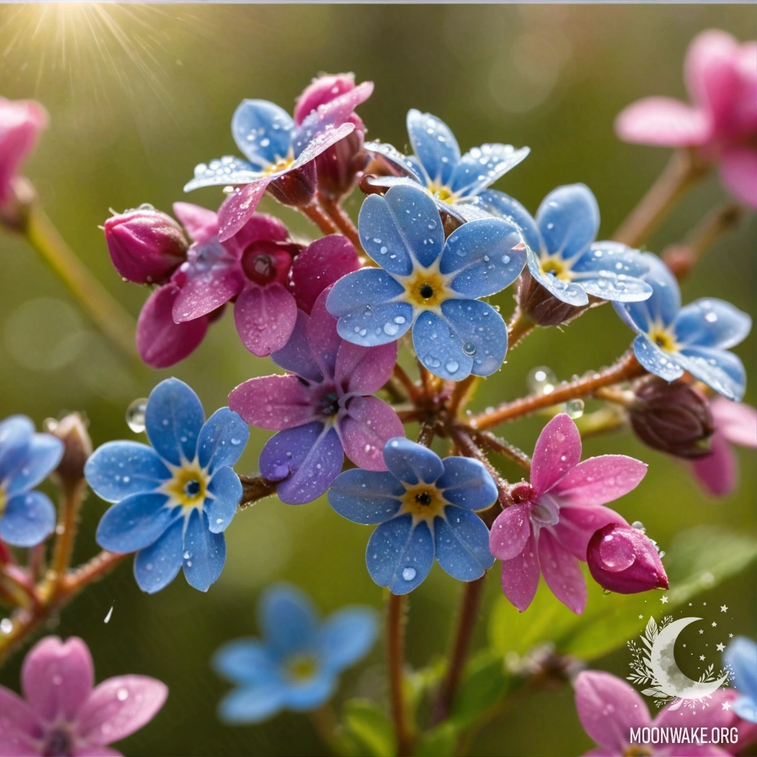 A close-up of fuchsia forget-me-nots glistening with dew under sunny rays.
