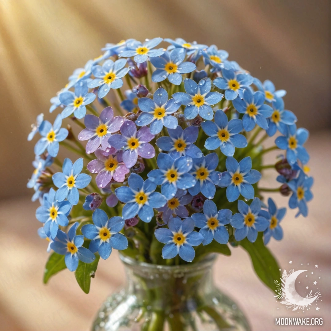 A vase filled with romantic forget-me-nots adorned with dew drops, catching sunlight.