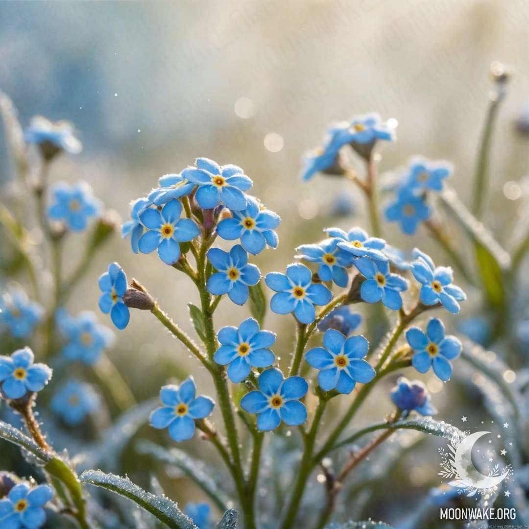Romantic Forget-Me-Nots in Frost A watercolor painting of forget-me-nots covered in frost, illuminated by sunny rays and colored like sea waves.