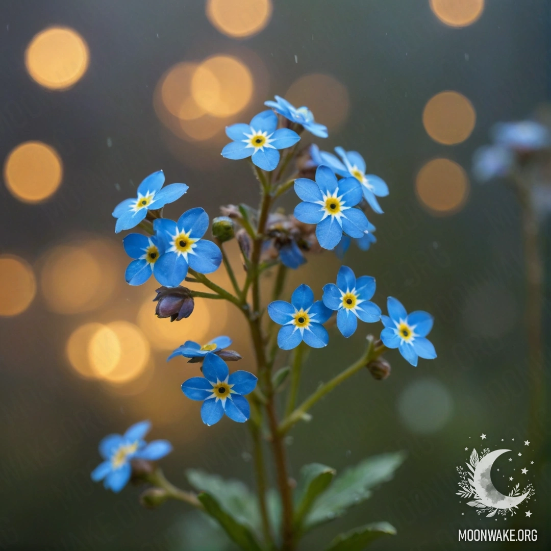 A dense fog envelops delicate blue forget-me-nots with gold sequins, creating a magical nighttime atmosphere.