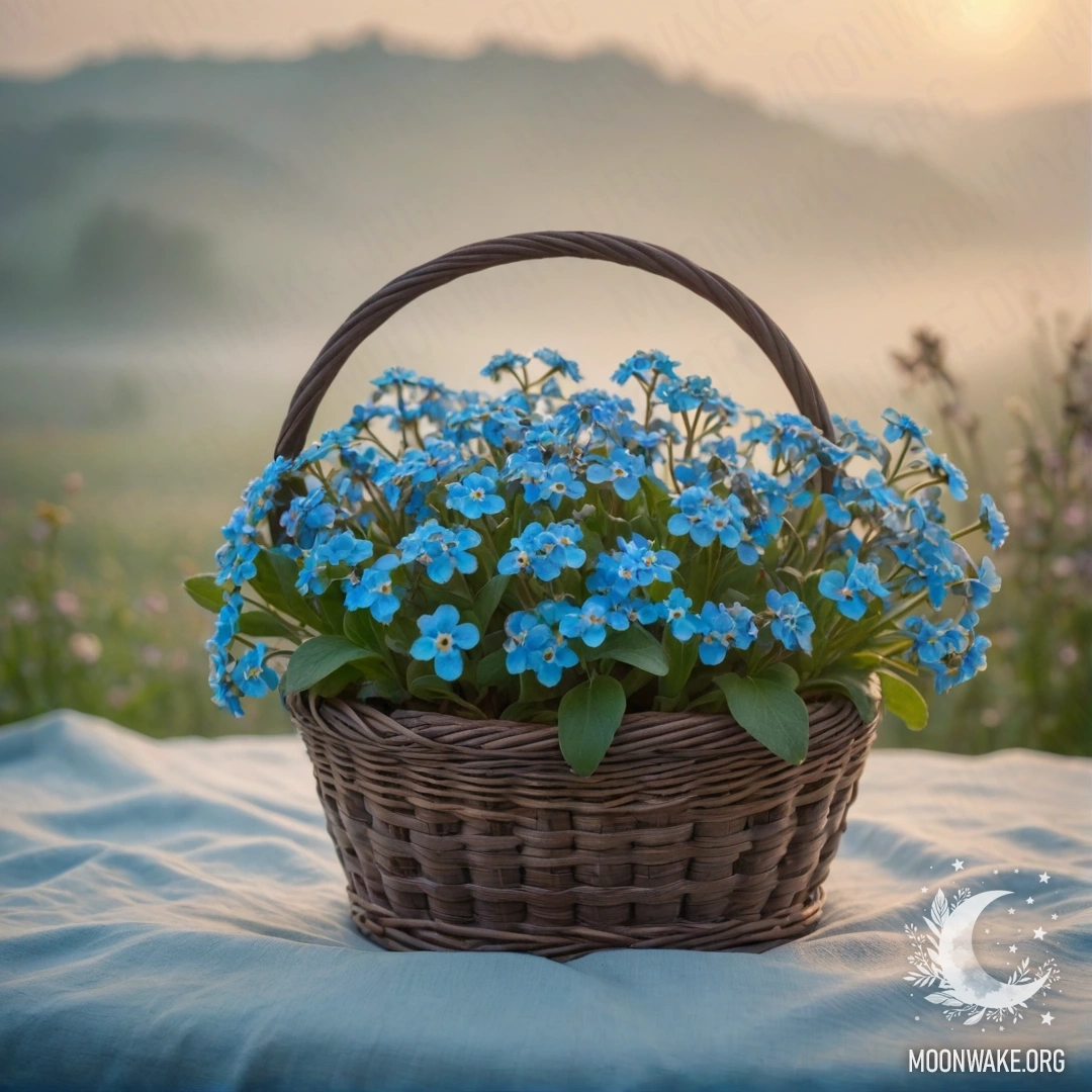 Romantic Forget-Me-Nots in the Fog A vintage-style image of forget-me-nots in a mint basket, surrounded by fog at sunset.