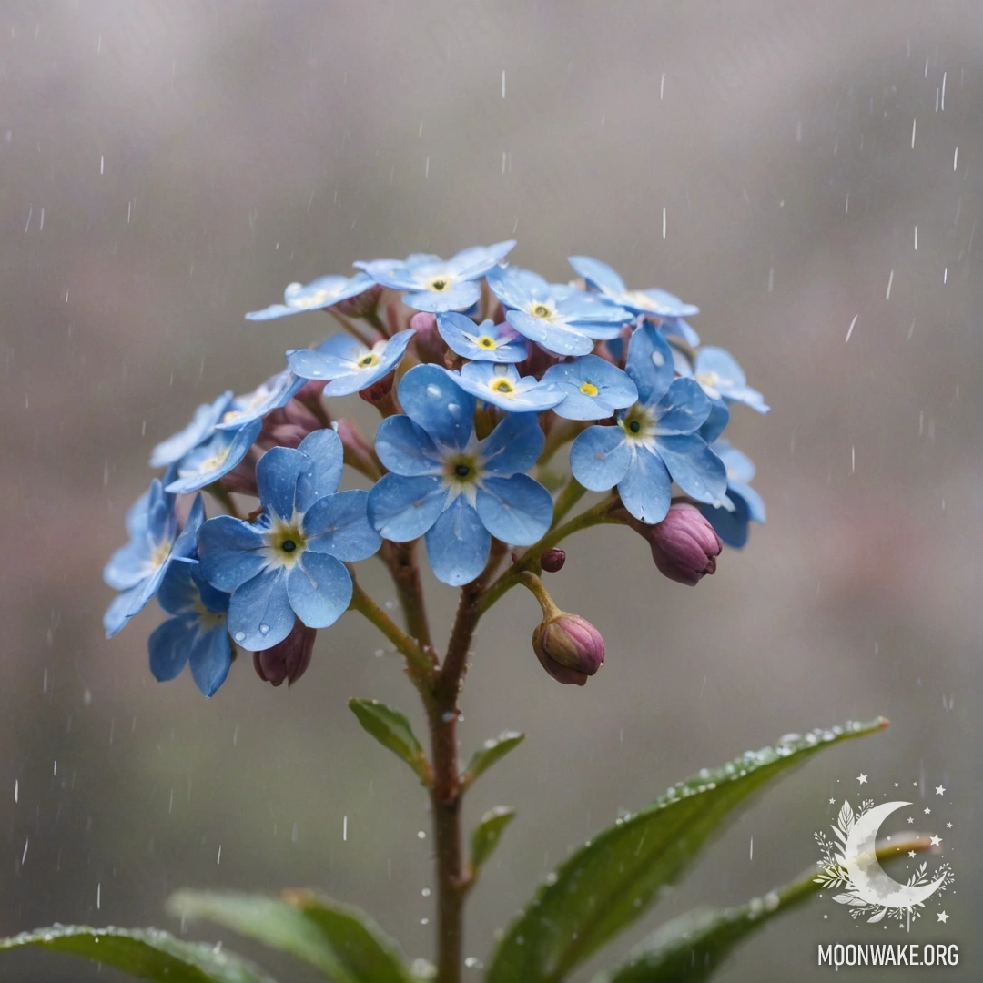 Romantic Forget-Me-Nots in the Mist A watercolor scene of pink forget-me-nots in a misty rain.
