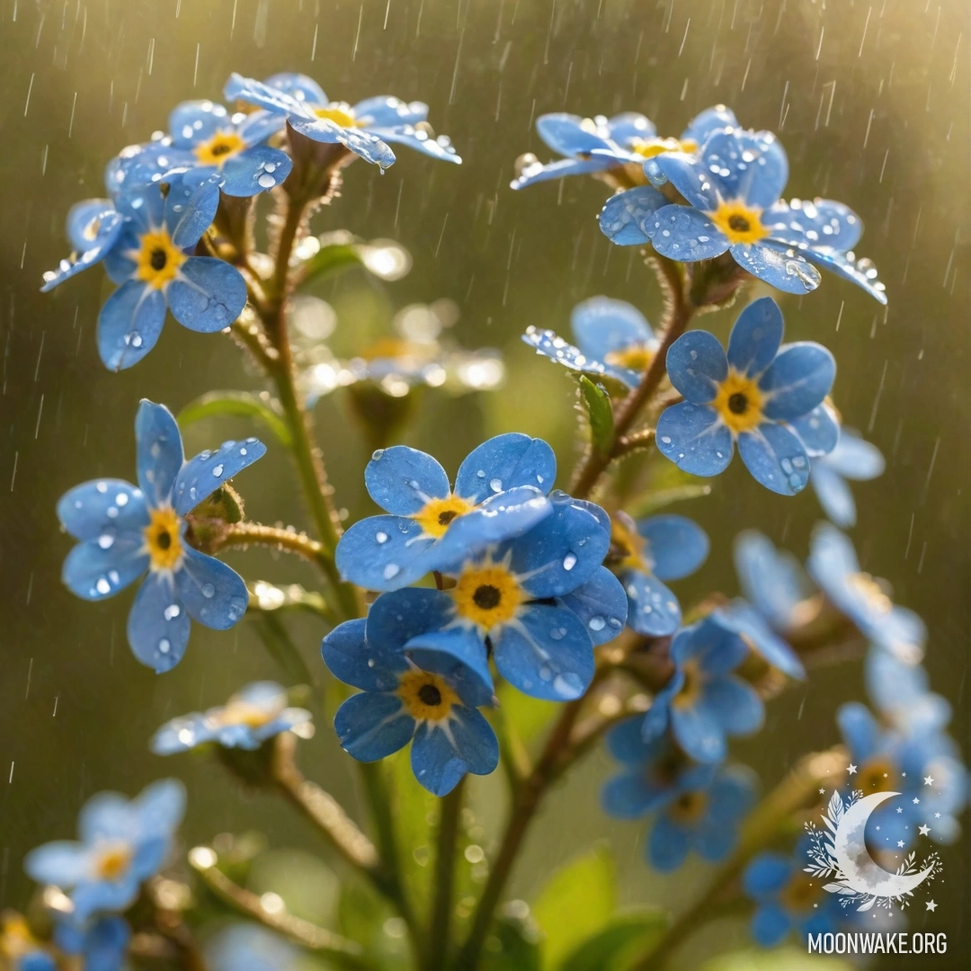 A beautiful scene of forget-me-nots under the rain, illuminated by sunny rays.