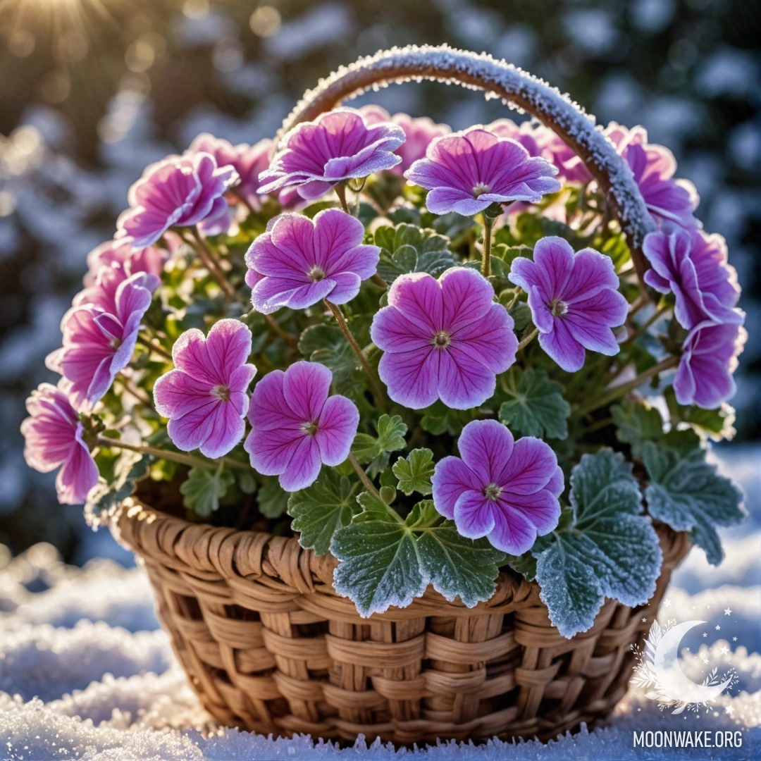 Romantic Frosted Geranium in a Basket A frosted purple geranium basking in warm sunlight from a basket.