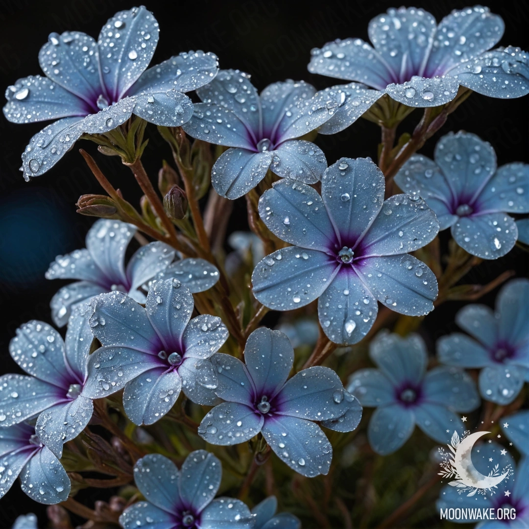 Romantic Frosted Phlox at Night A romantic scene featuring blue phlox flowers covered in frost at night, adorned with rhinestones.