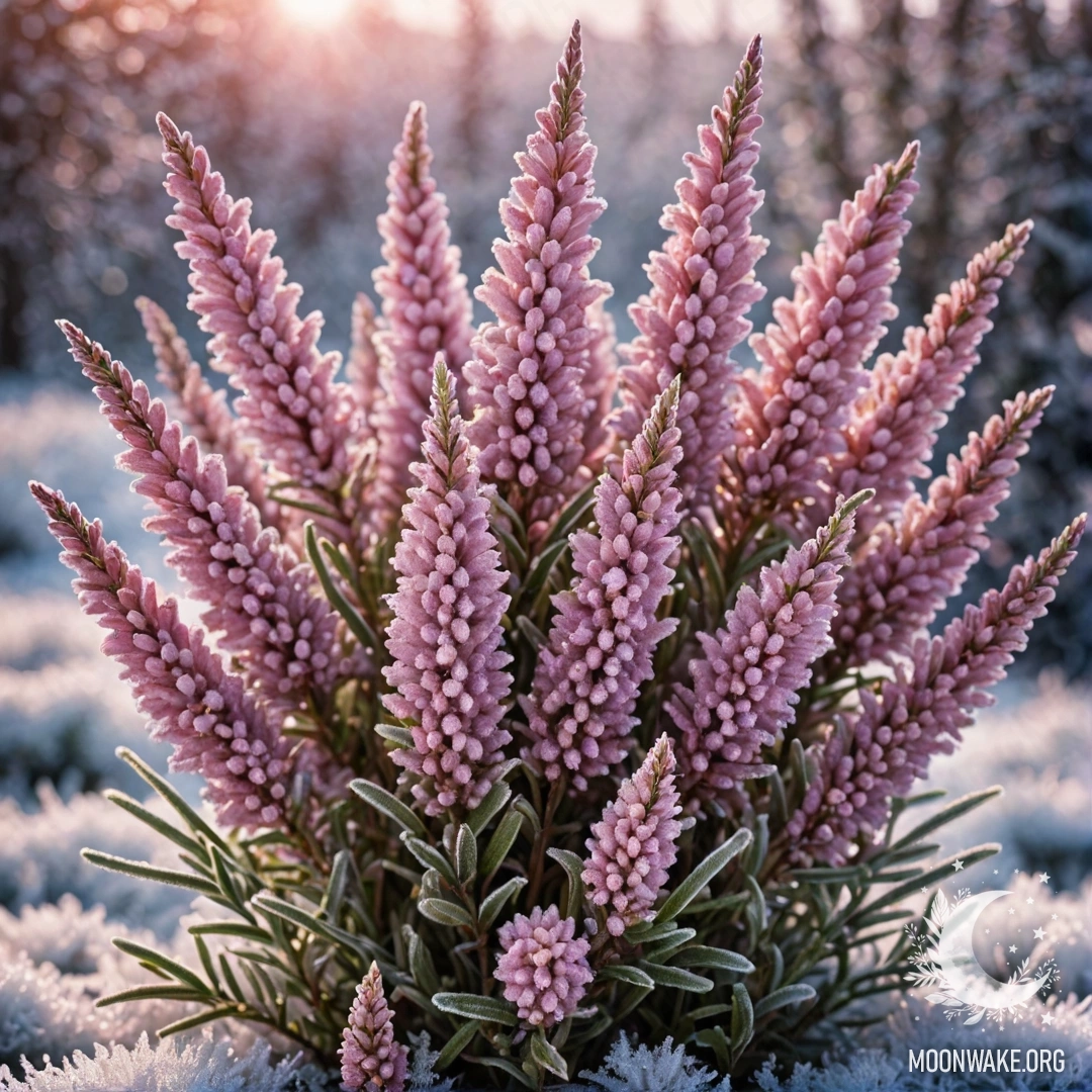 A bouquet of pink heather covered in frost.